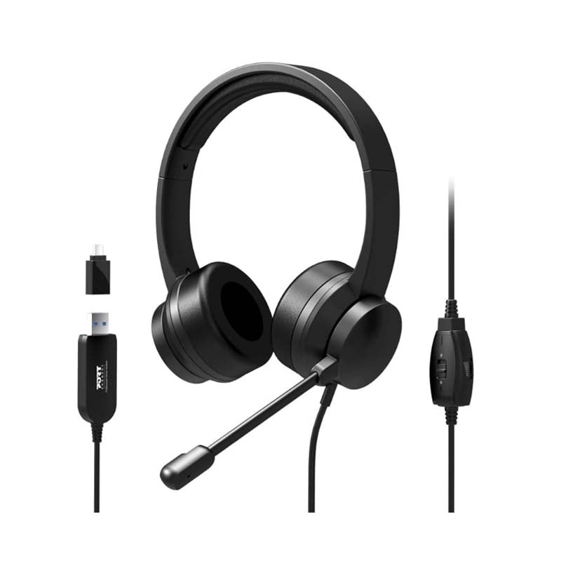 Port Comfort Office USB Stereo Headset with Microphone - Black - Black