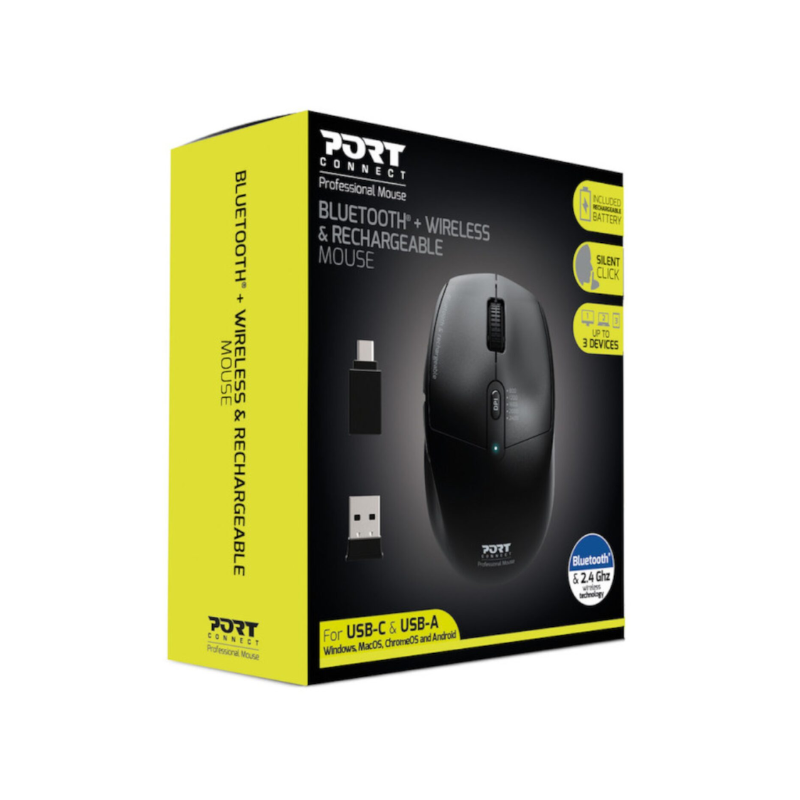 Port Connect 2.4GHz Wireless Bluetooth Rechargeable Mouse PRO - Black - Black