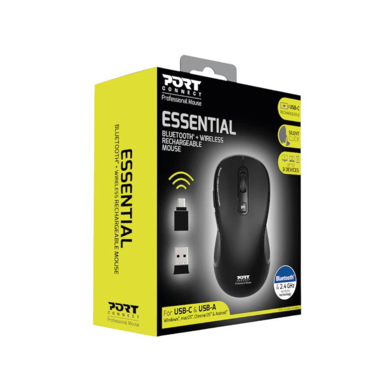 Port Connect Essential Bluetooth Wireless Rechargeable Mouse - Black - Black