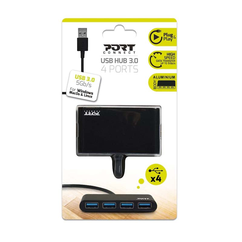 Port Connect USB3.0 to USB3.0 4 Port Hub - Black - Black