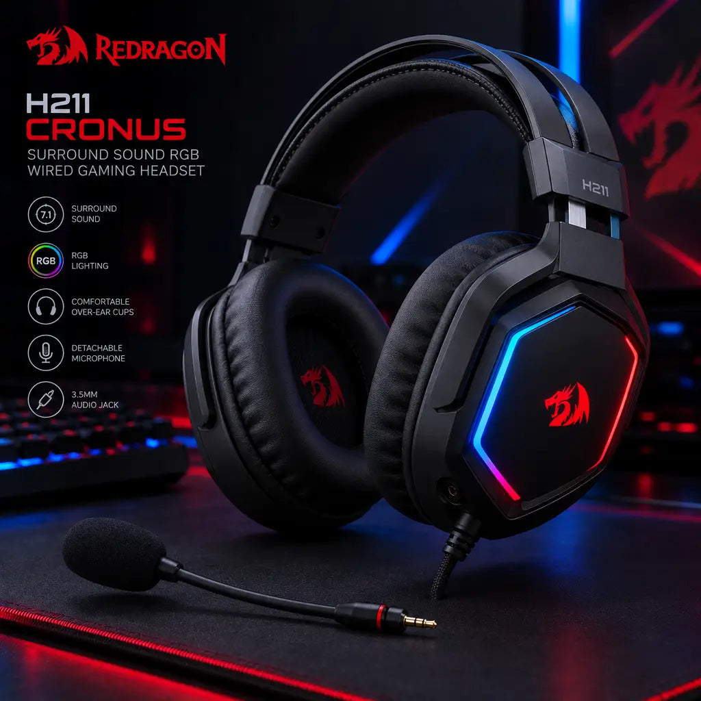 Redragon H211 CRONUS Surround Sound RGB Wired Gaming Headset - Black