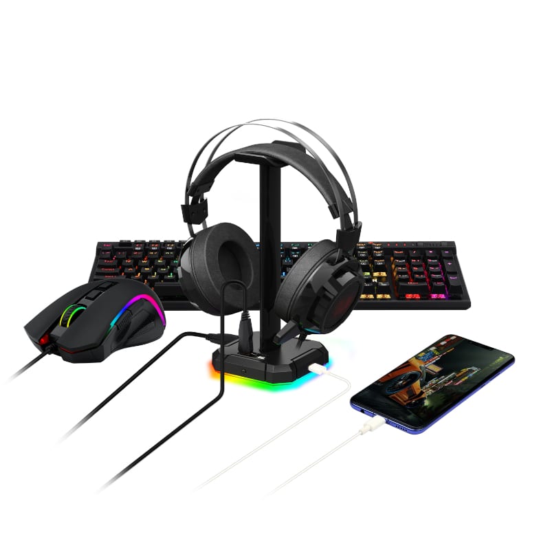 Redragon Scepter Pro Quad USB RGB Headset Stand - Black - Black