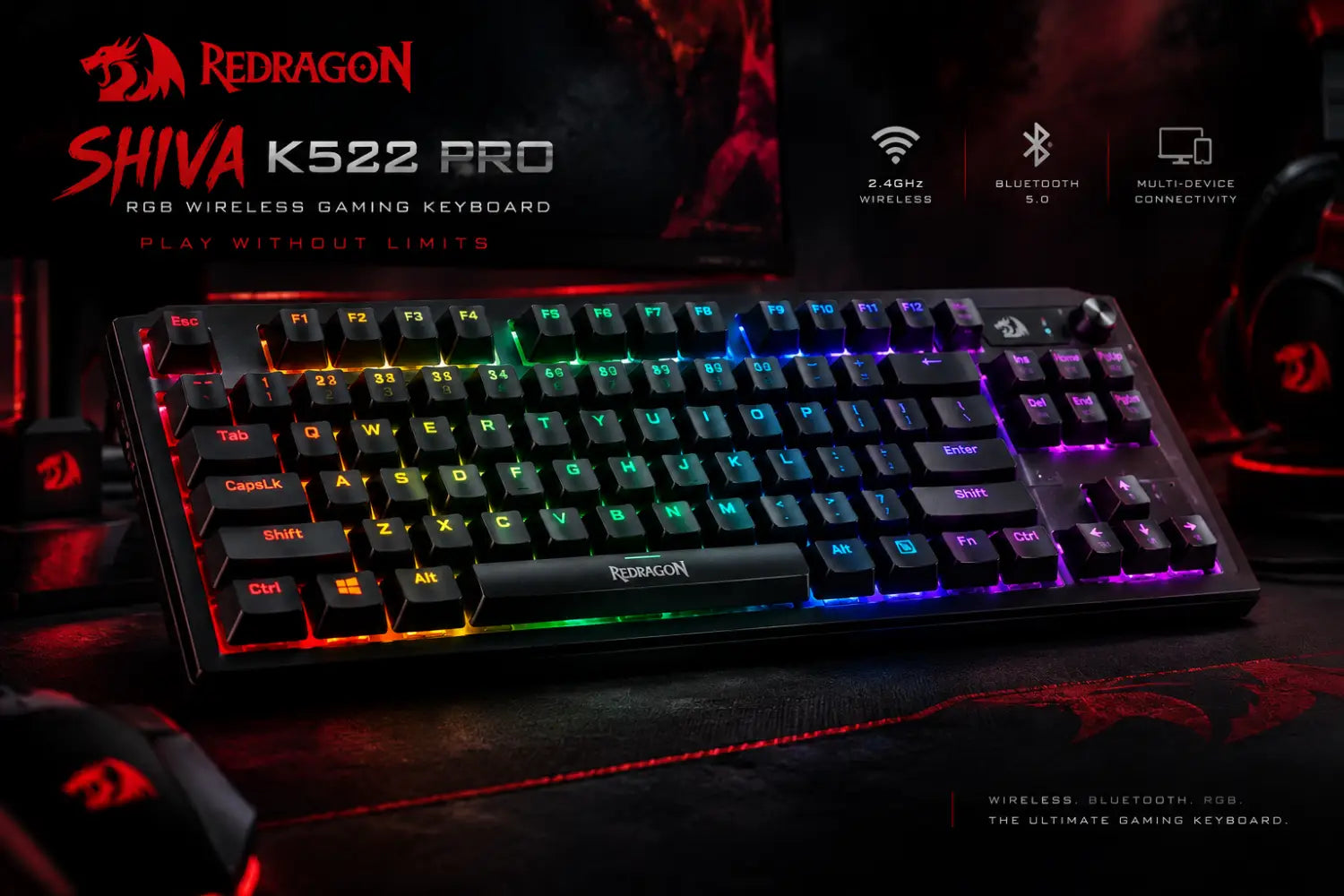 Redragon SHIVA K522 PRO RGB Wireless Gaming Keyboard- Black