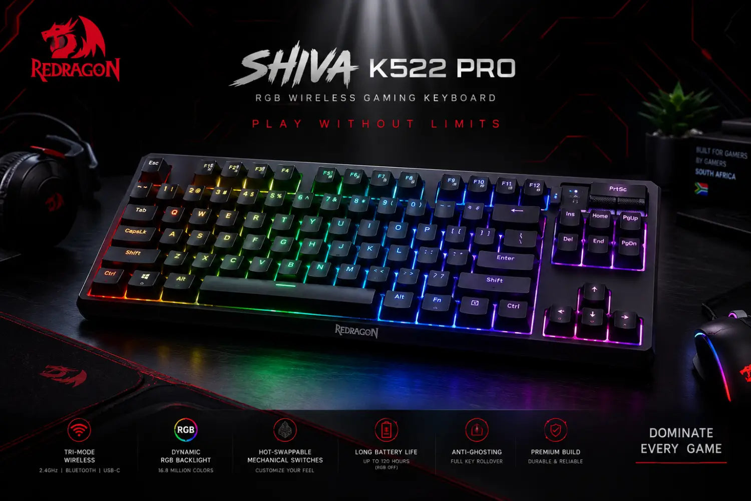 Redragon SHIVA K522 PRO RGB Wireless Gaming Keyboard- Black