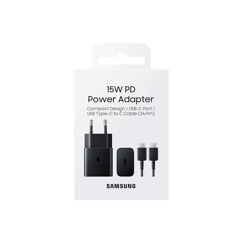 Samsung 1 USB C Port Travel Adapter PD 15W with Cable Type C to Type C - Black