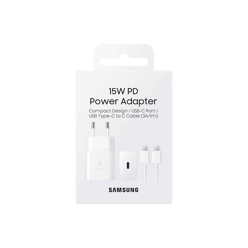 Samsung 1 USB C Port Travel Adapter PD 15W with Cable Type C to Type C - White - White