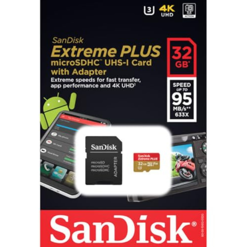 Sandisk 32GB Extreme Plus mircoSDHC UHS-I Card with Adapter - Black