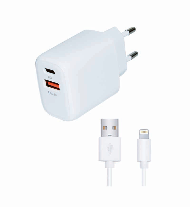 SF PD Wall Charger with Apple Lightning MFI Cable - White - White