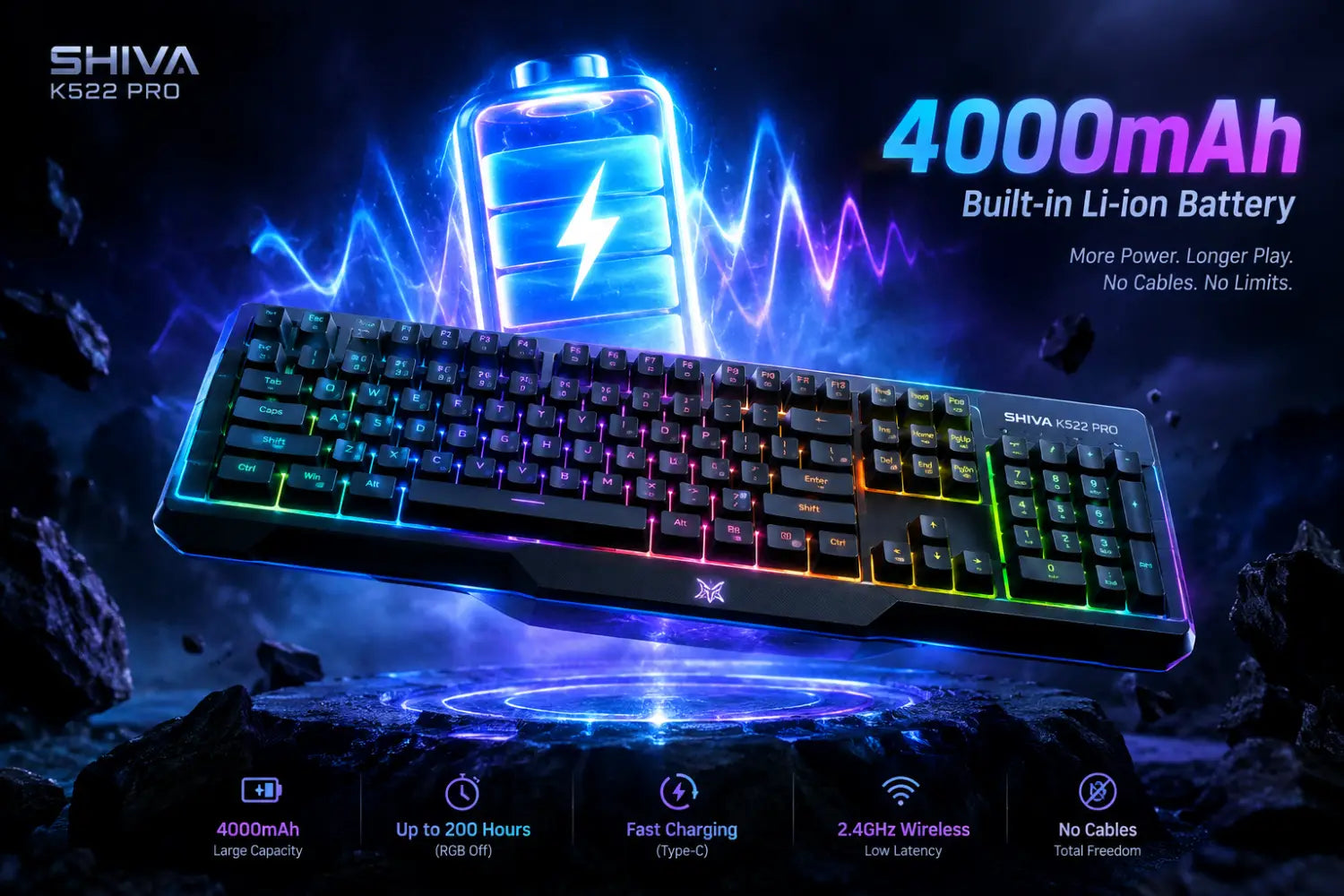 Redragon SHIVA K522 PRO RGB Wireless Gaming Keyboard- Black
