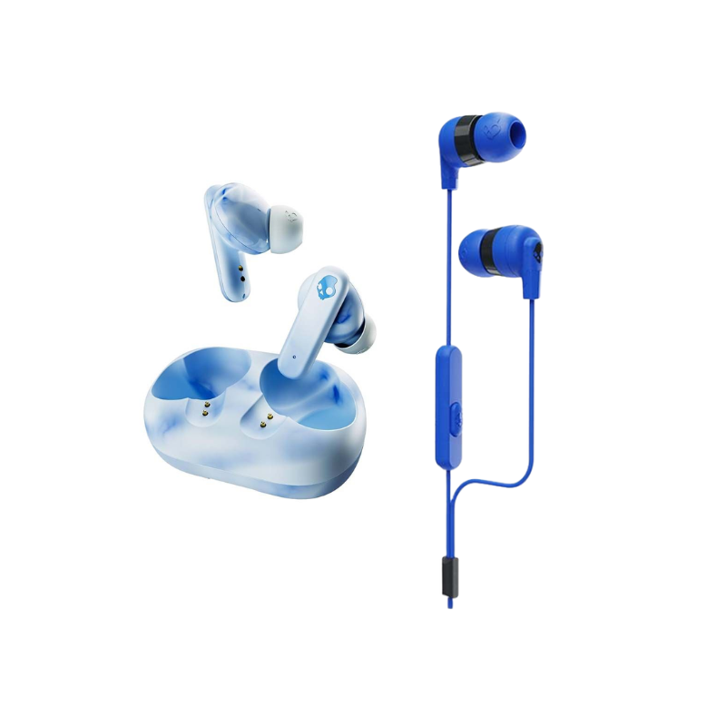Skullcandy Bundle Ecobuds True Wireless Earbuds + Inkd In-Ear Earbuds with Mic - Glacier Blue & Cobalt Blue - Blue