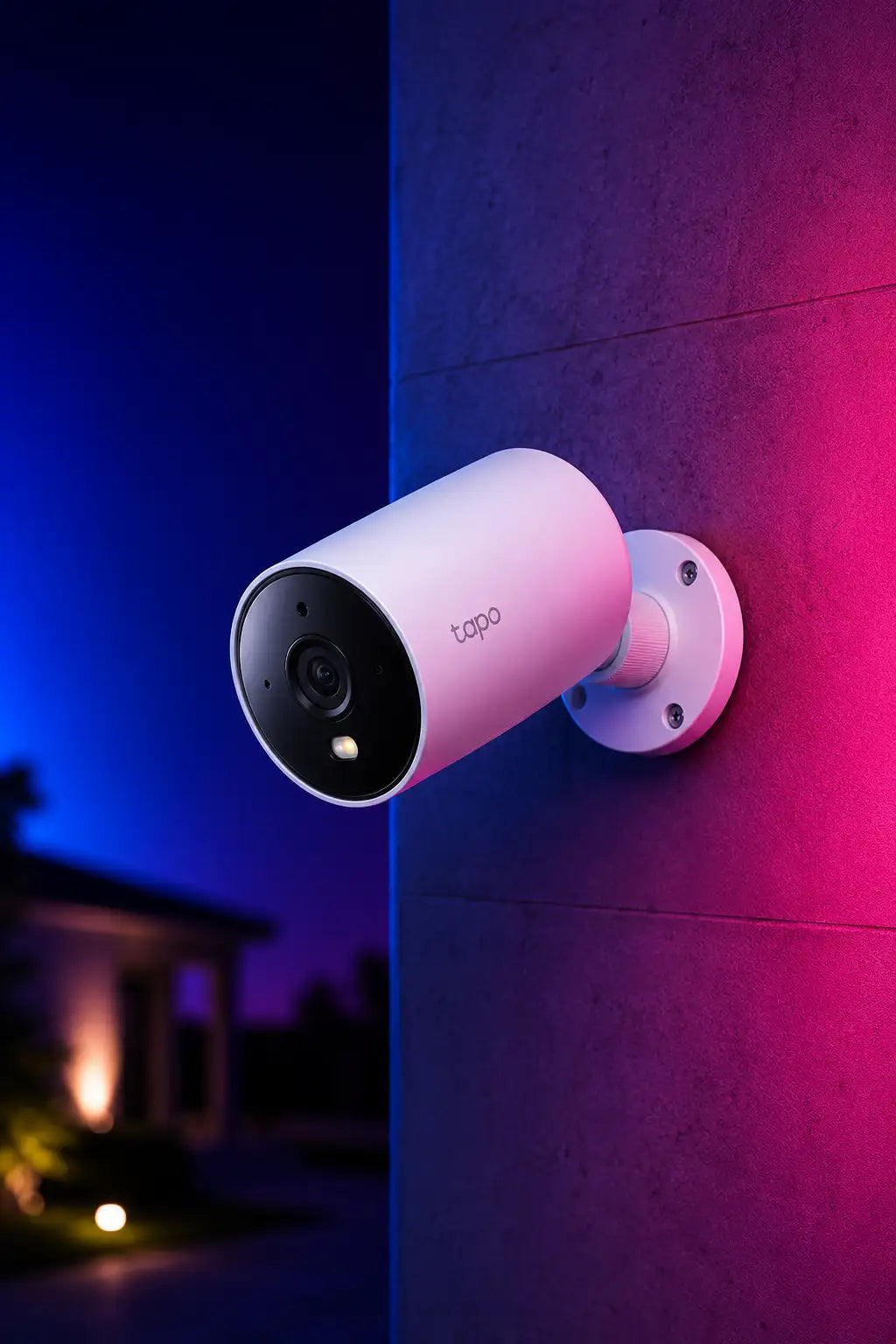 A sleek white tapo security camera with a black lens and sensor, mounted on a wall under colorful ambient lighting.