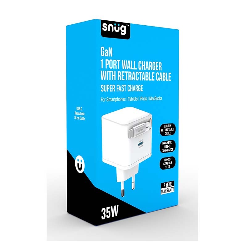 Snug 1 Port PD Charger With Retractable Cable 35W - White - White