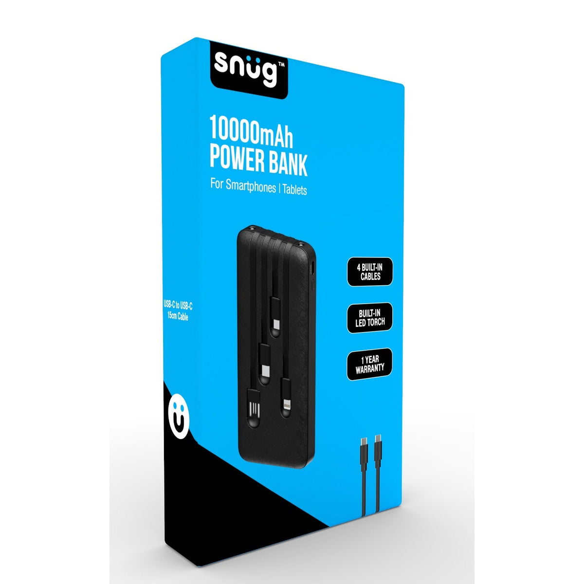Snug 10000mAh Power Bank With Built-In Cables - Black - Black