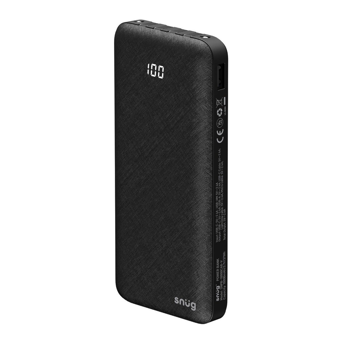 Snug 10000mAh Power Bank With Built-In Cables - Black - Black