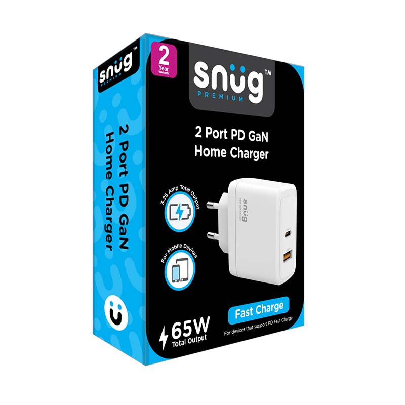 Snug 2 Port PD GaN Wall Charger 65W - White - White