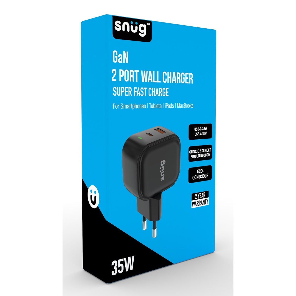 Snug 2 Port USB/Type C Wall Charger 35W - Black - Black