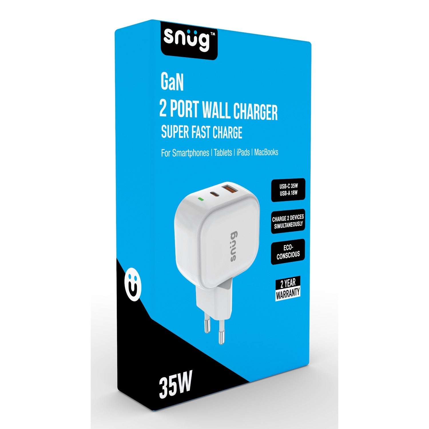 Snug 2 Port USB/Type C Wall Charger 35W - White - White