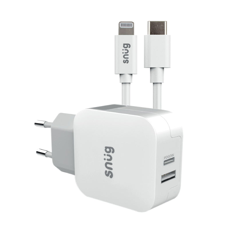 Snug 2 USB Port 30W PD Wall Charger With Lightning To Type C Cable - White - White