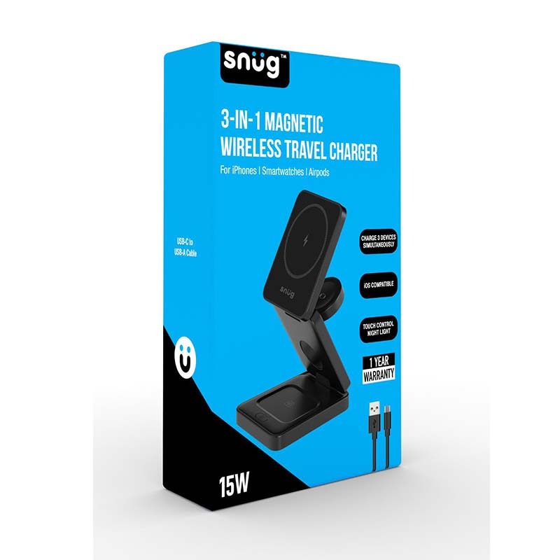 Snug 3-In-1 Magnetic Wireless Travel Charger 15W - Black - Black