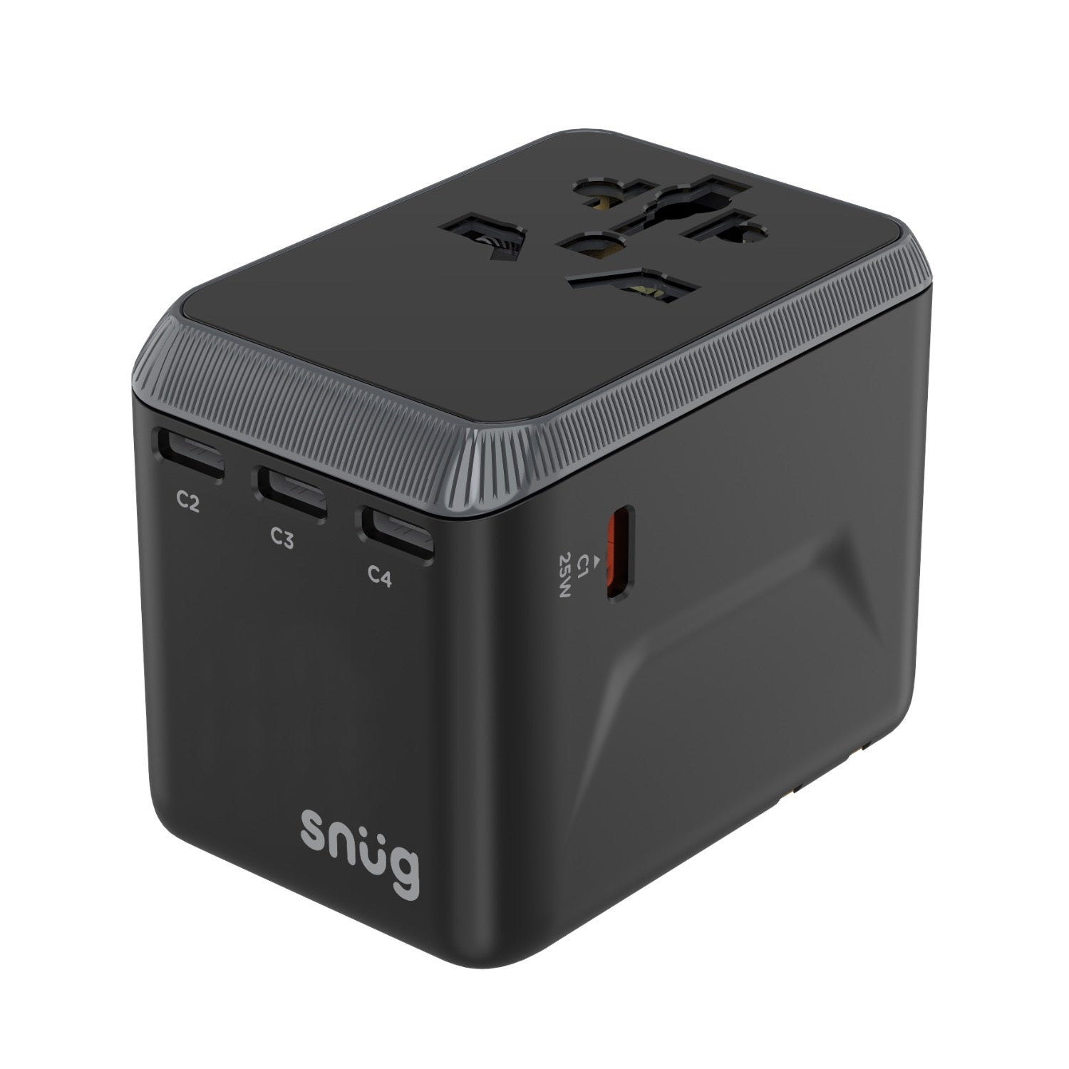 SNUG 5 Port Universal Travel Adapter - 25W - Black - Black & Grey