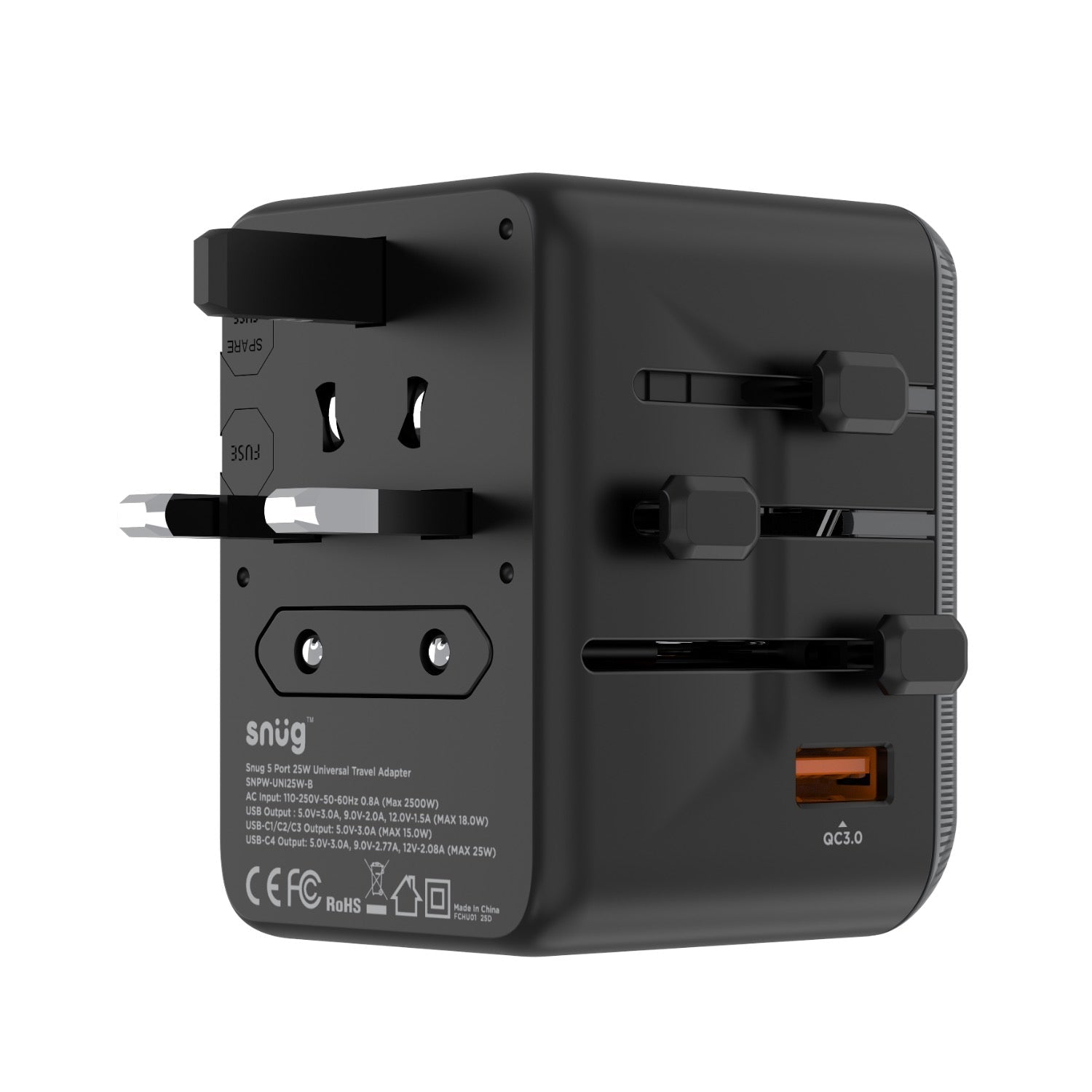 SNUG 5 Port Universal Travel Adapter - 25W - Black - Black & Grey