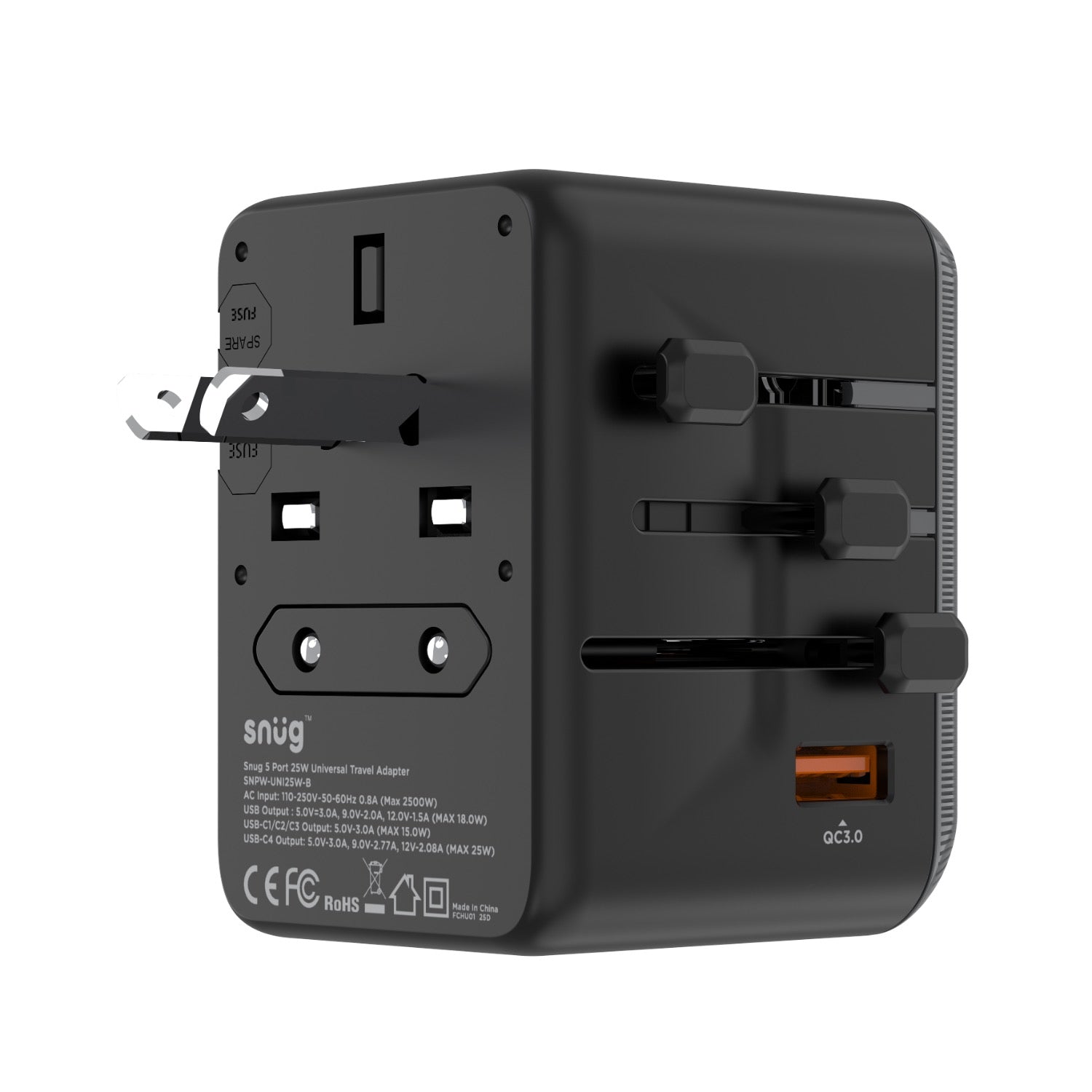 SNUG 5 Port Universal Travel Adapter - 25W - Black - Black & Grey