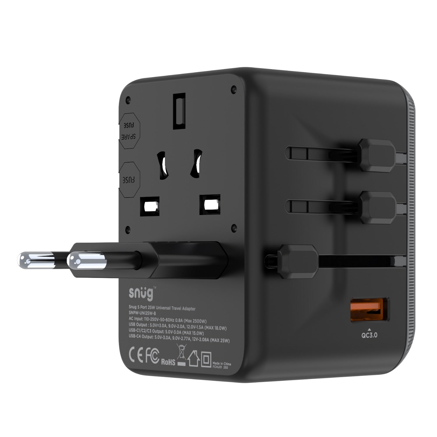 SNUG 5 Port Universal Travel Adapter - 25W - Black - Black & Grey
