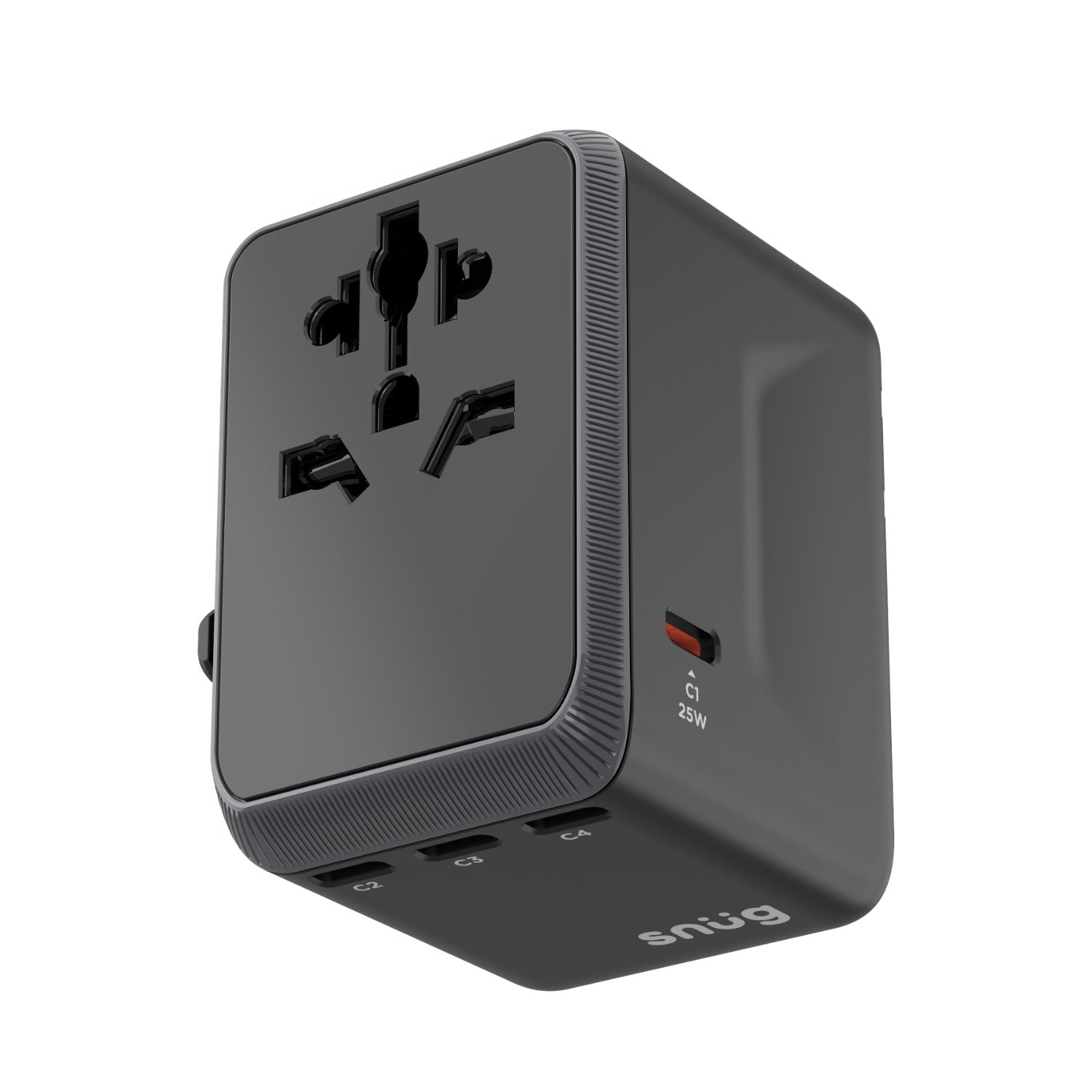 SNUG 5 Port Universal Travel Adapter - 25W - Black - Black & Grey