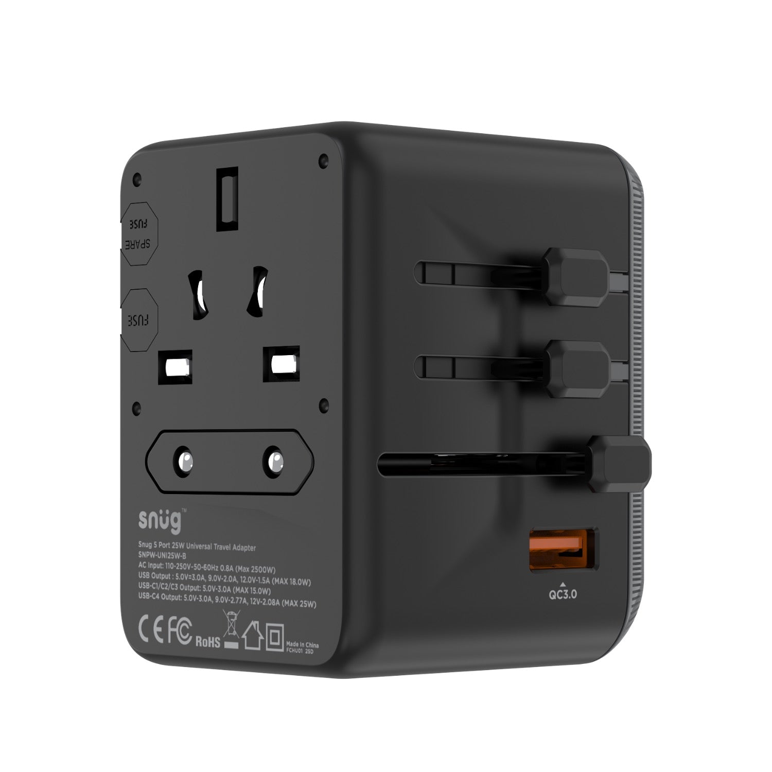 SNUG 5 Port Universal Travel Adapter - 25W - Black - Black & Grey