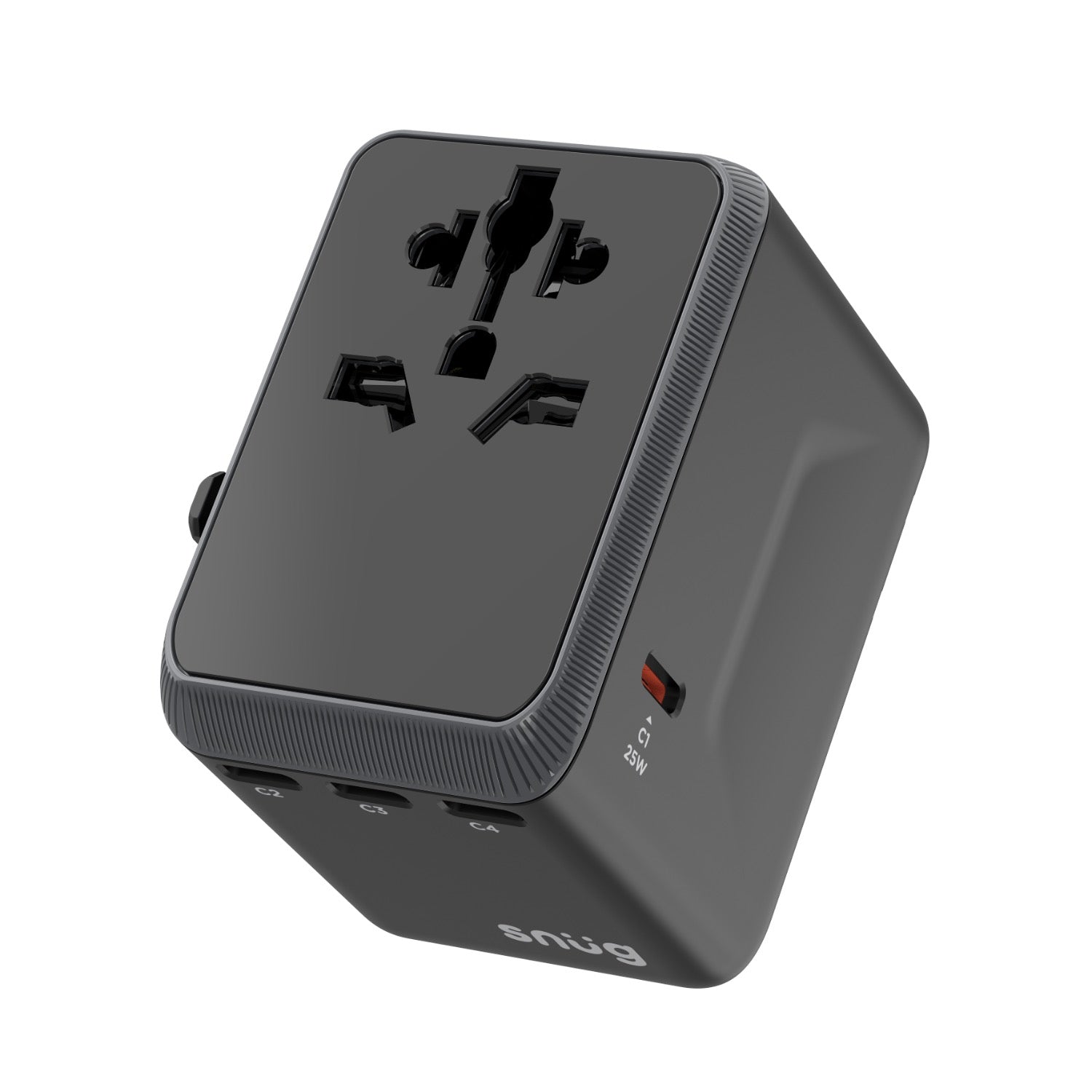SNUG 5 Port Universal Travel Adapter - 25W - Black - Black & Grey