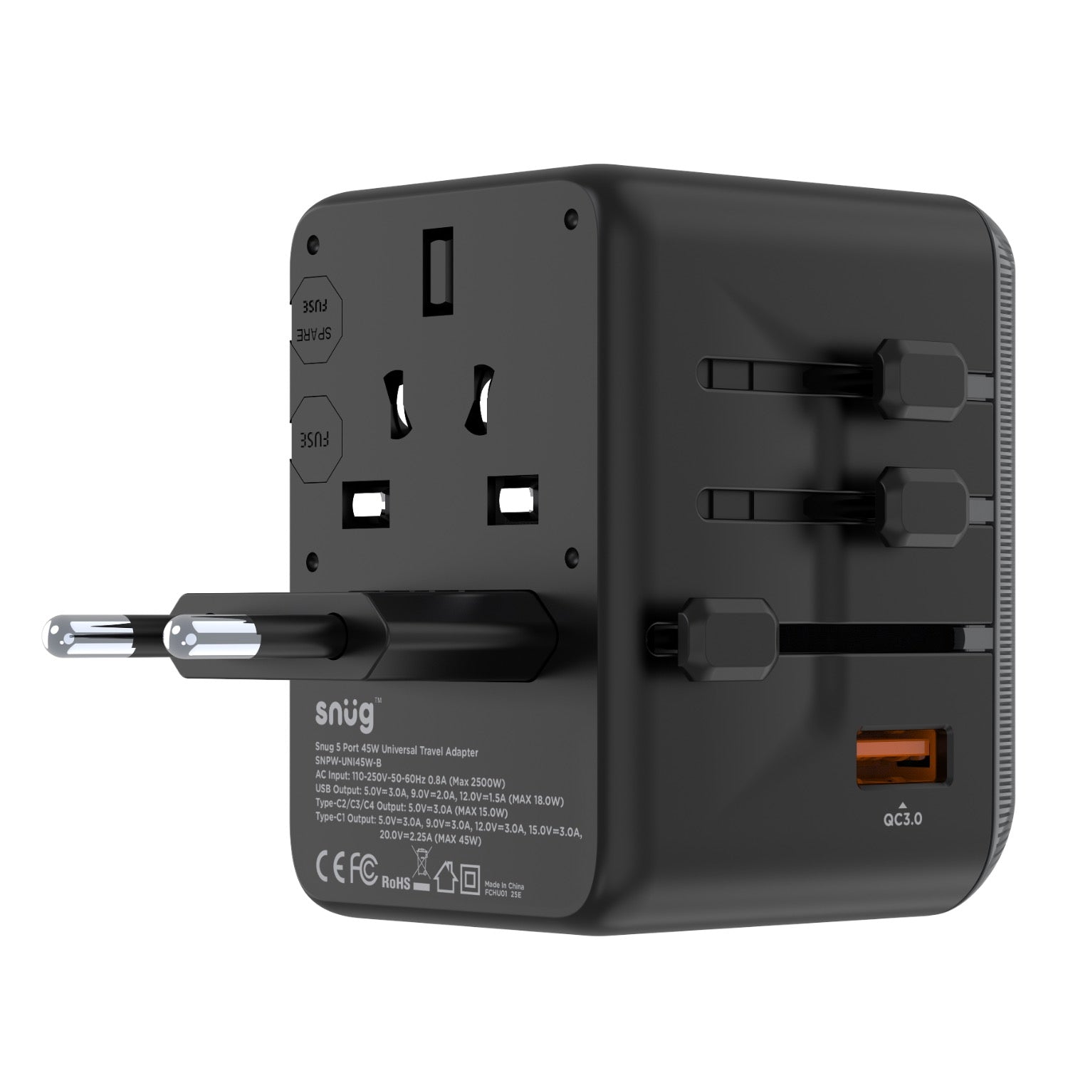 SNUG 5 Port Universal Travel Adapter - 45W - Black - Black & Grey