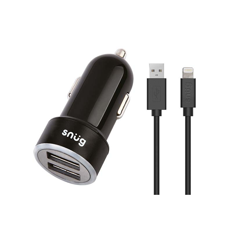 Snug Car Juice Dual USB Port Car Charger With Lightning Cable - Black - Black