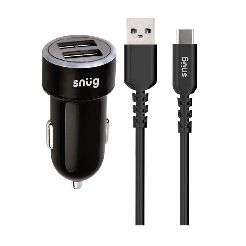Snug Car Juice Dual USB Port Car Charger With Type-C Cable - Black - Black