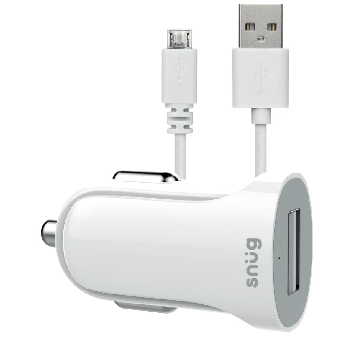 Snug Lite 1 Port 2.1A Car Charger + Micro USB Cable - White - White
