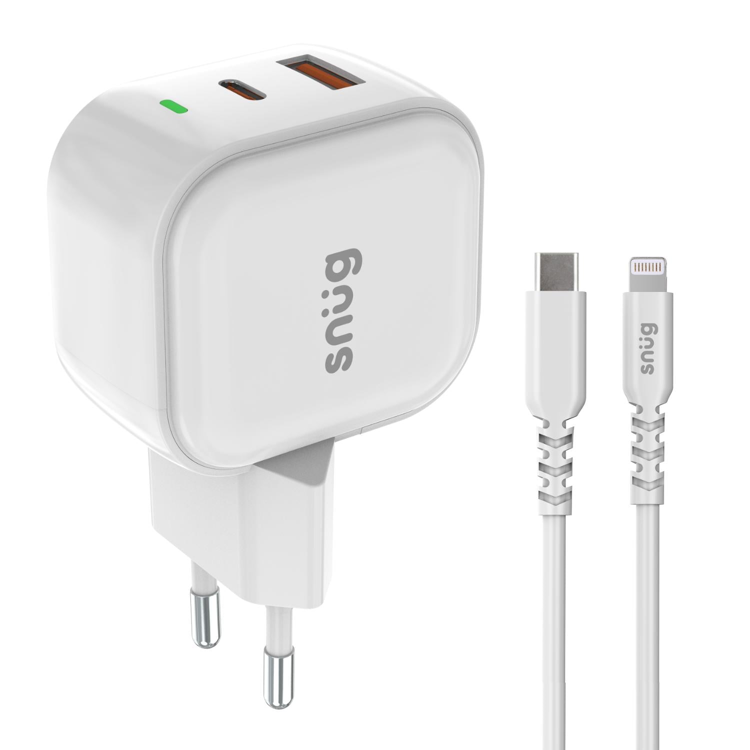 Snug USB/Type-C Wall Charger 35W with MFI Cable - White - White