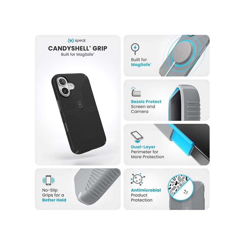 Speck Apple iPhone 16 CandyShell Grip MagSafe Case - Black - Black