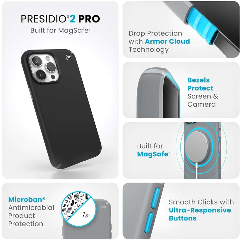 Speck Presidio2 Pro Magsafe iPhone 15 Pro Max Case - Black / Grey - Black/Grey
