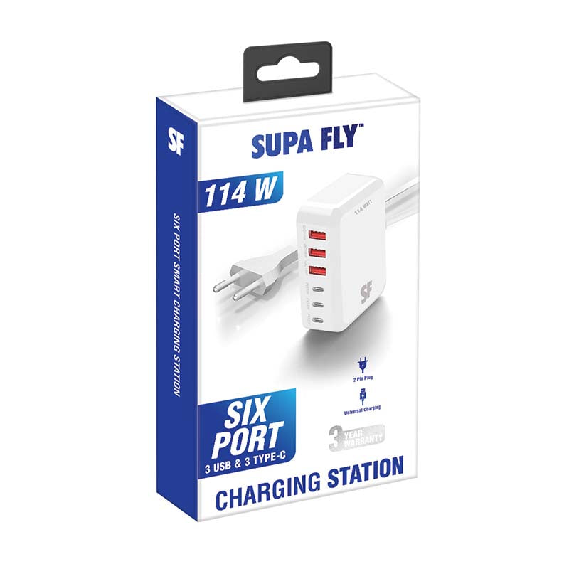Supa Fly 114W 6 Port Smart Charging Station - White - White