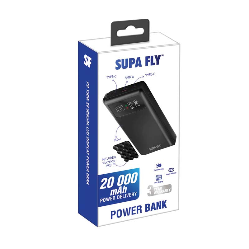 Supa Fly 130W Power Bank 20000mAh USB A & Type-C - Black - Black