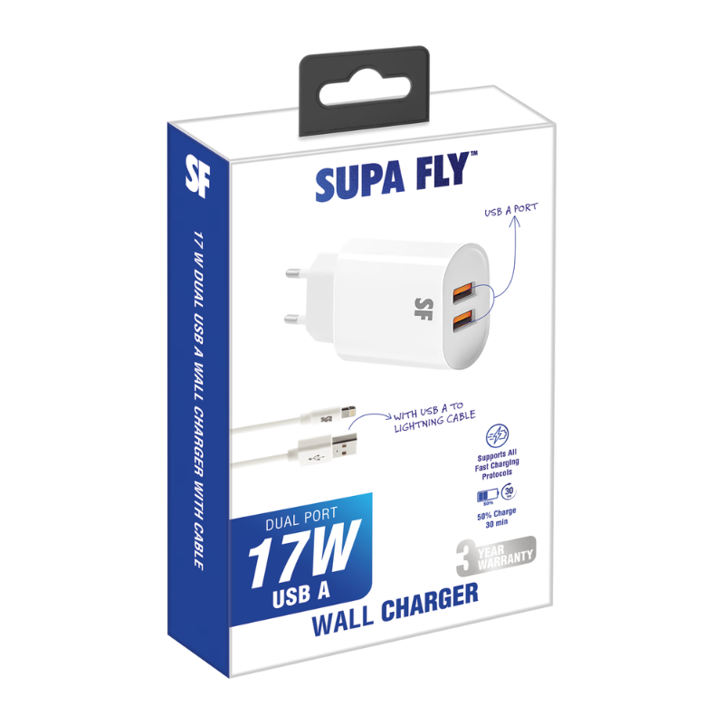 Supa Fly 17W USB A Dual Lightning Wall Charger - White - White