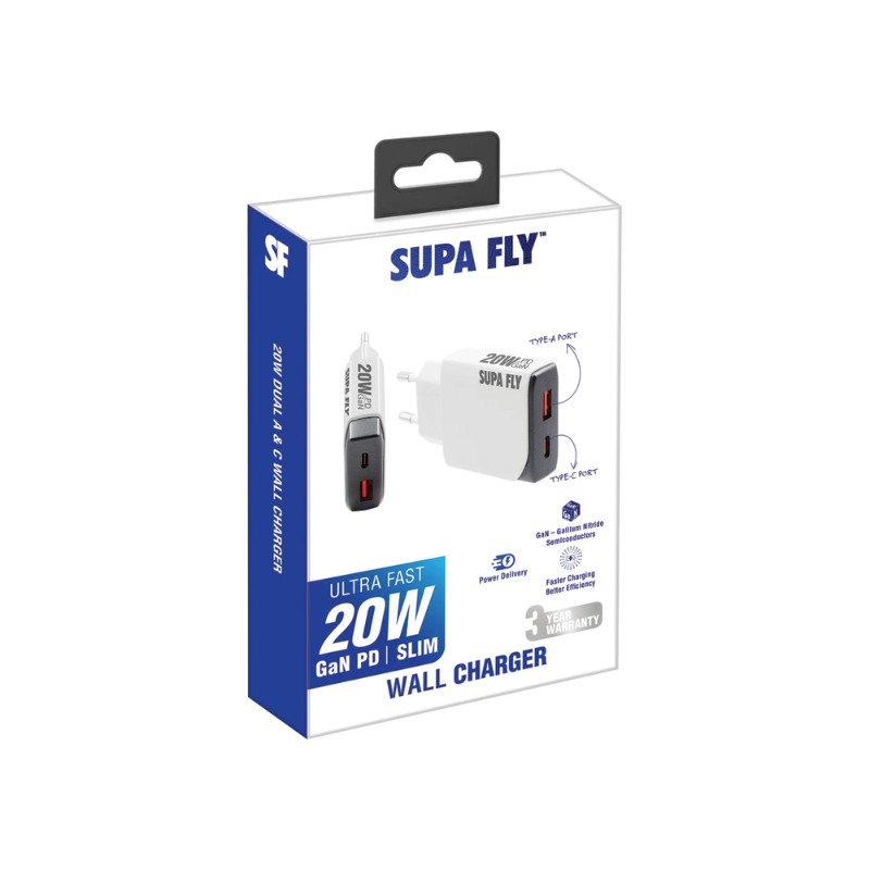 Supa Fly 20W Dual A & C Wall Charger - White & Grey - White