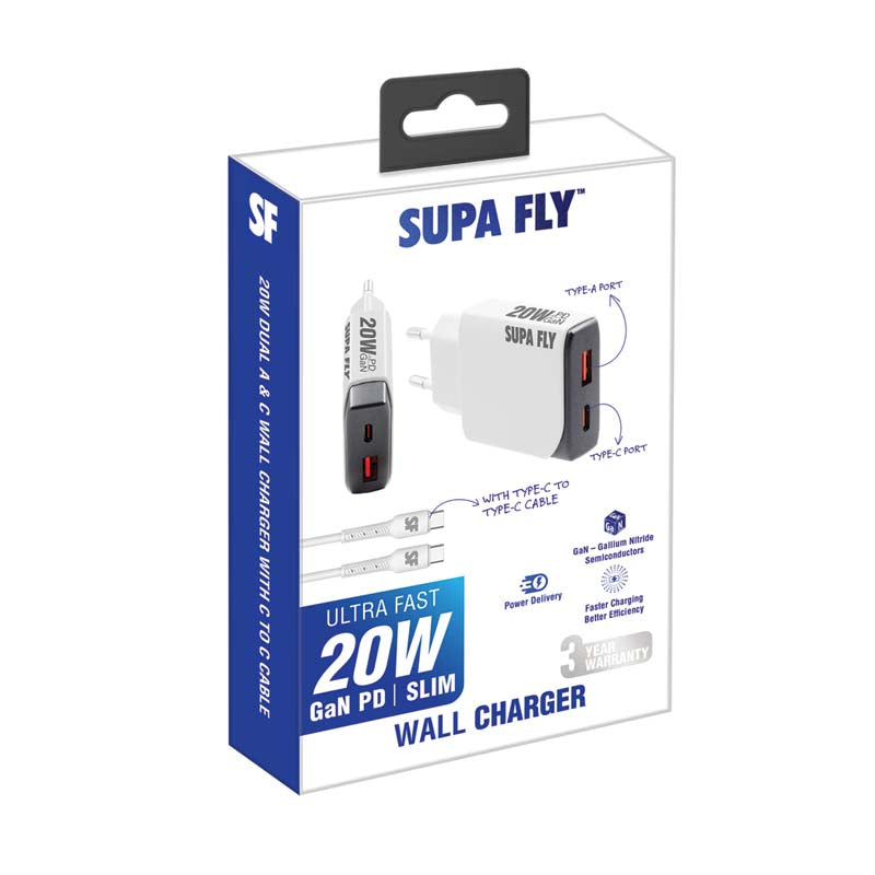 Supa Fly 20W Dual A & C Wall Charger with C to C Cable