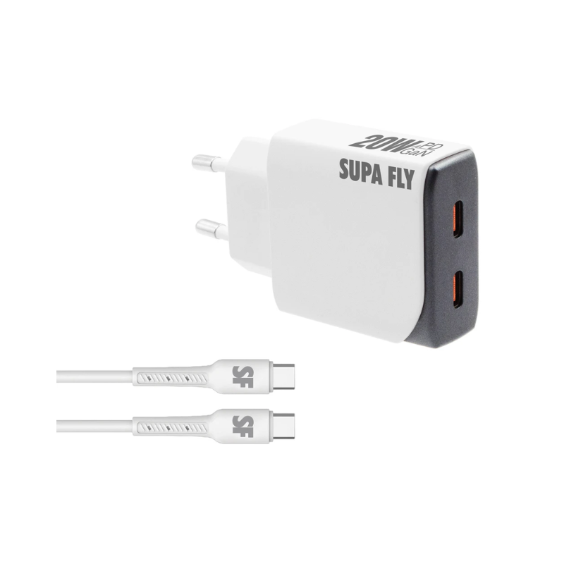 Supa Fly 20W Dual C Wall Charger with C to C Cable - White - White
