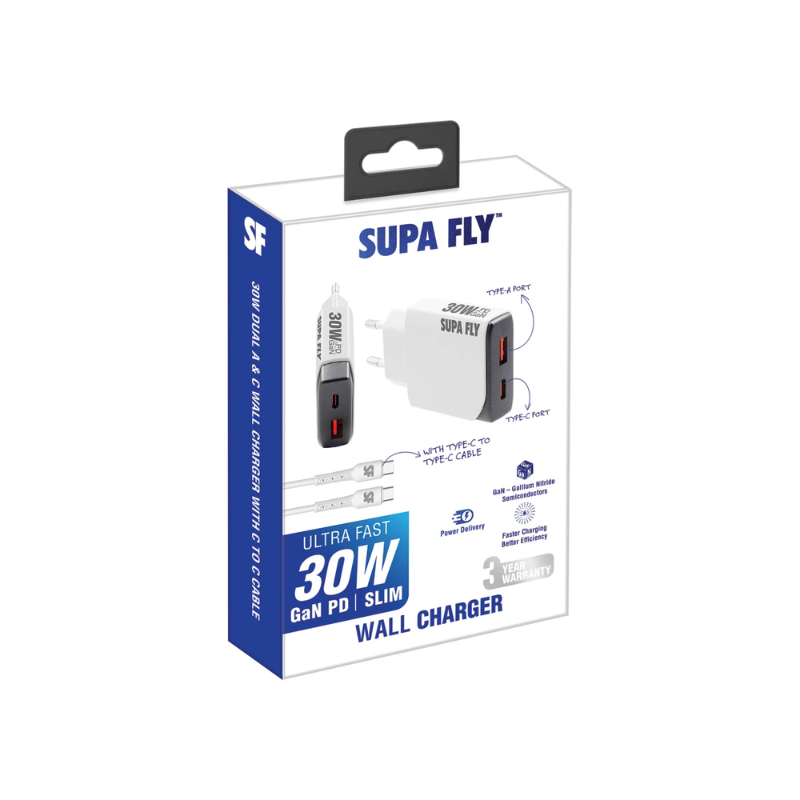 Supa Fly 30W Dual A & C Wall Charger with C to C Cable - White - White