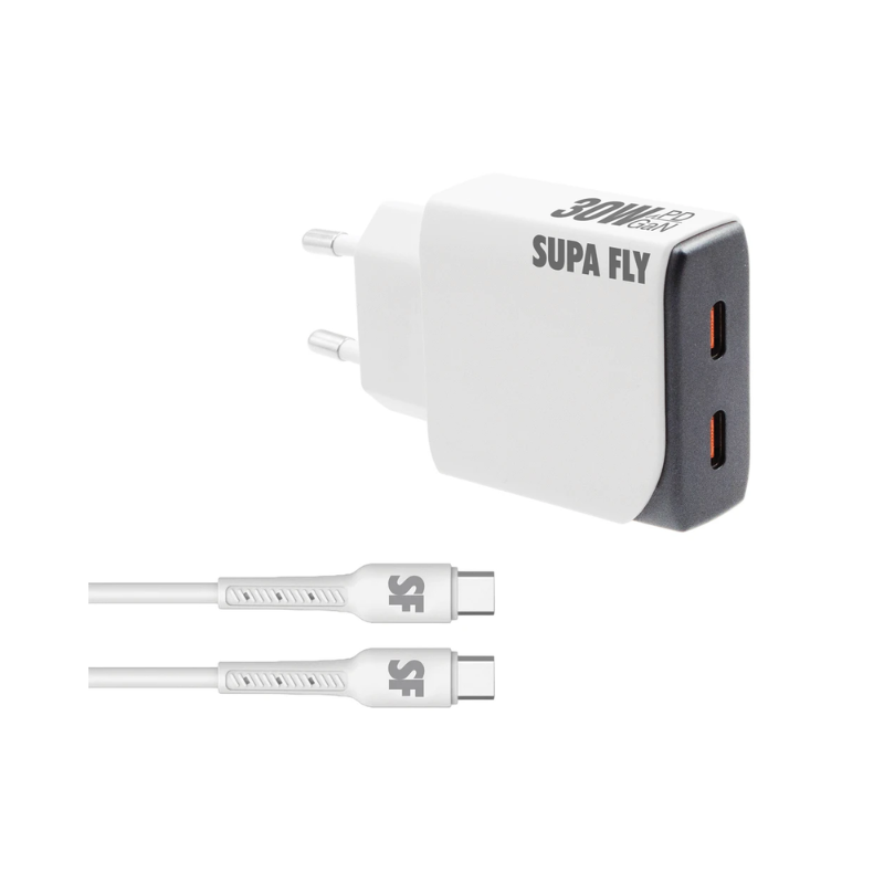 Supa Fly 30W Slim Dual C Wall Charger with C-C Cable - White