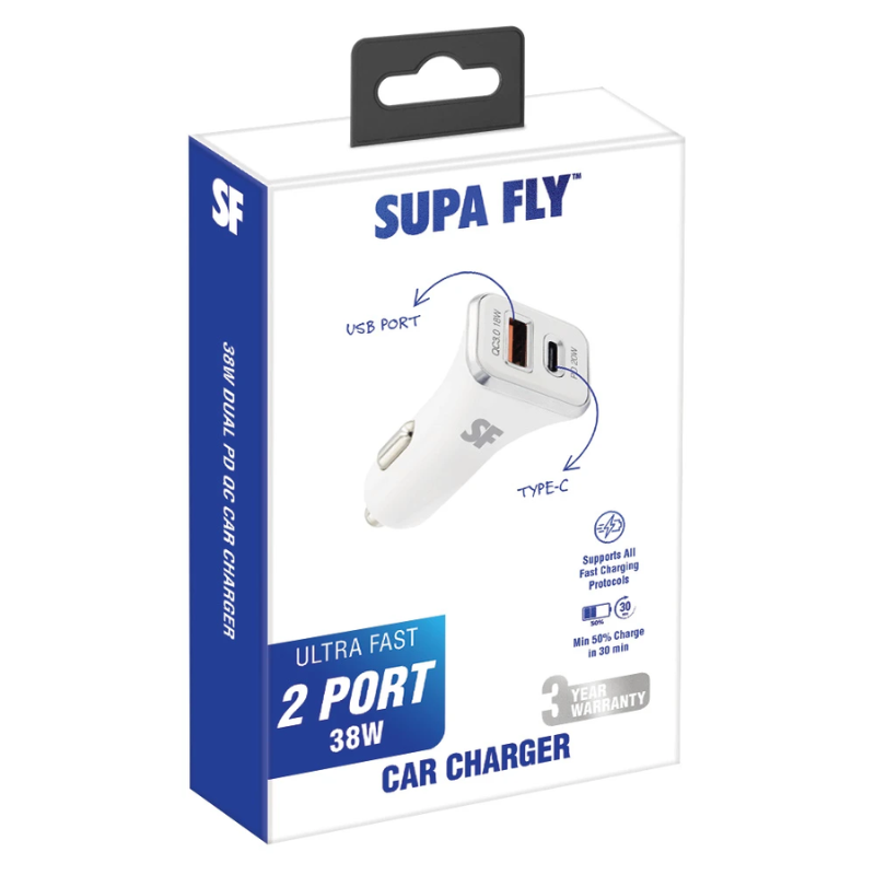 Supa Fly 38W Dual USB PD and QC Car Charger - White - White