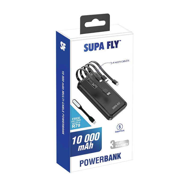 Supa Fly 4 Cable 10 000mAh Type C / Micro / Lightning with Light Powerbank - Black - Black