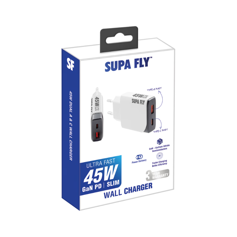 Supa Fly 45W Dual A & C Wall Charger - White - White