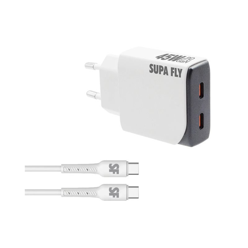 Supa Fly 45W Slim Dual C Wall Charger with C-C Cable - White & Grey - White