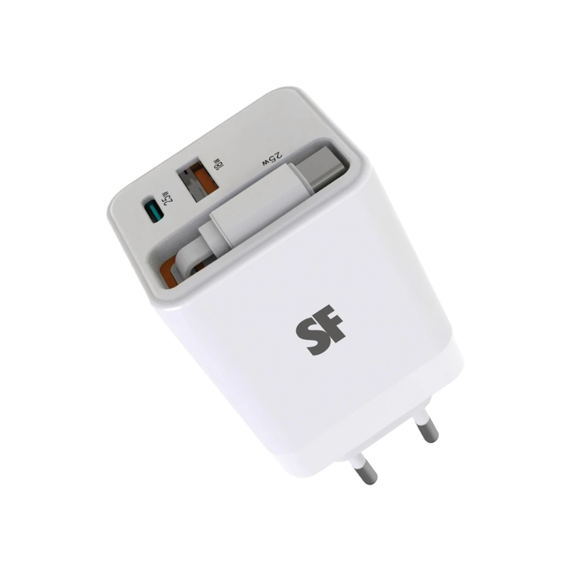 Supa Fly 50W Dual USB Wall Charger Retractable Type-C Cable - White - White